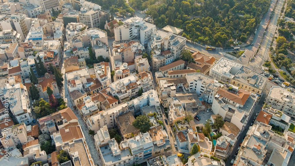 Athens, Greece. Roofs of houses. Historic city center in the light of the morning sun. Summer, Aerial View