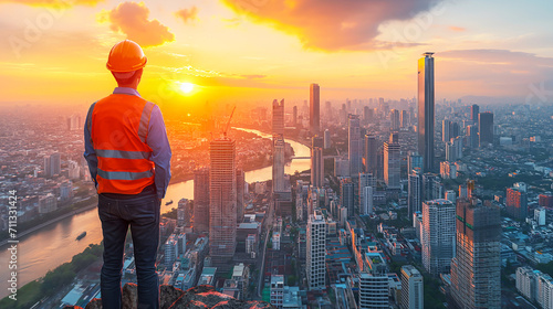 worker in a hard hat and reflective vest stands atop a high place, overlooking a sprawling cityscape bathed in the light of a setting sun
