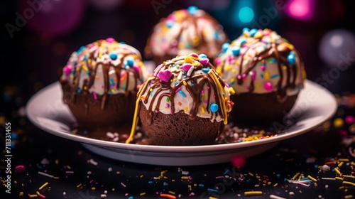 
Tempting shots of chocolate ice cream scoops in a bowl, adorned with chocolate sauce and sprinkles, photo