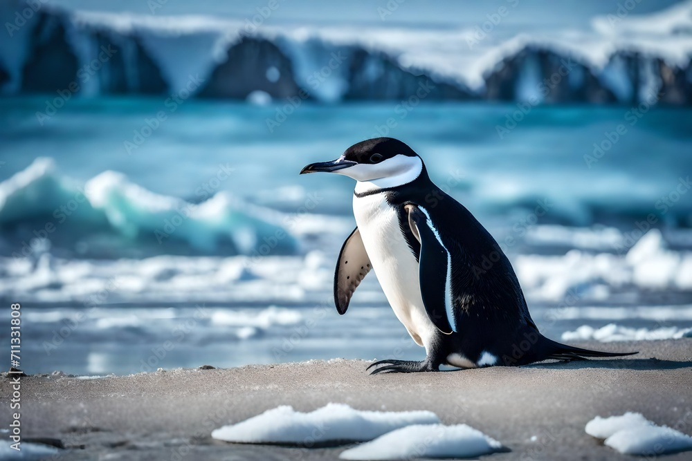 Step into the captivating world of polar wonders with a stunning photograph of a chinstrap penguin on the pristine shores of Antarctica.