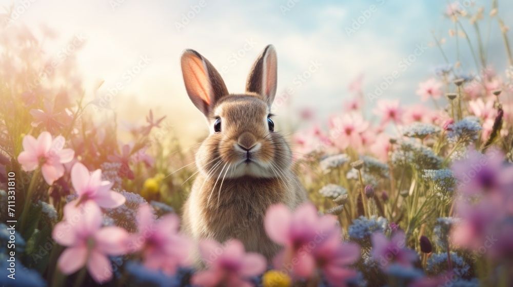 Whimsical shots of a meadow background featuring adorable Easter bunny illustrations and colorful spring flowers Whimsical shots of a meadow background featuring adorable Easter bunny illustrations and colorful spring flowers