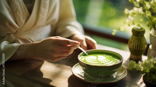 Zen-like scenes of a matcha latte being prepared, capturing the green hues and serene beauty of this trendy beverage,