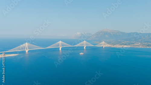 Patras, Greece. The Rio-Antirrio Bridge. Officially the Charilaos Trikoupis Bridge. Bridge over the Gulf of Corinth (Strait of Rion and Andirion), Aerial View