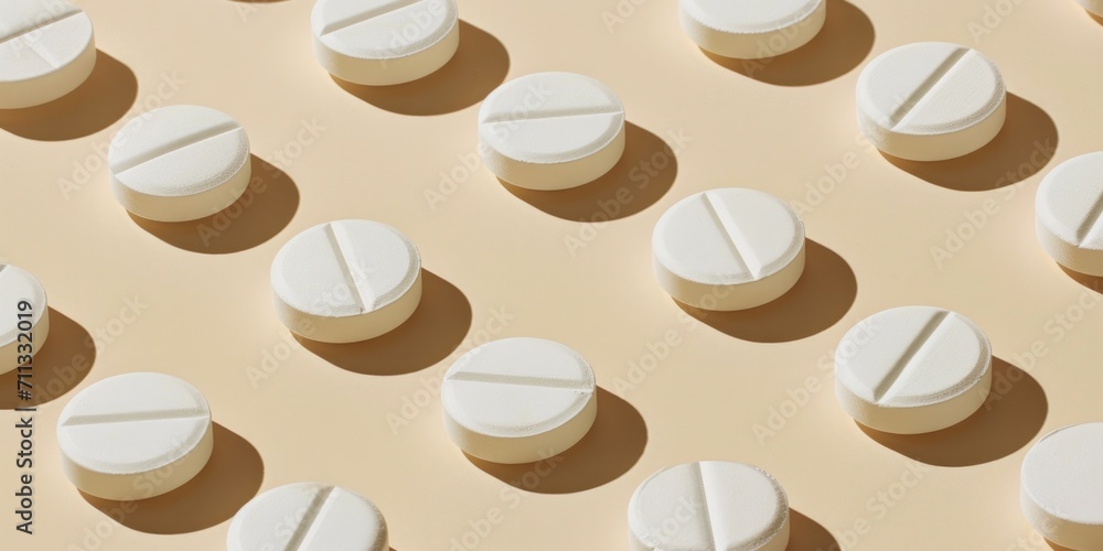 Obraz premium White pills on a pastel beige background. Pattern for the background. Pharmacy, medical design.