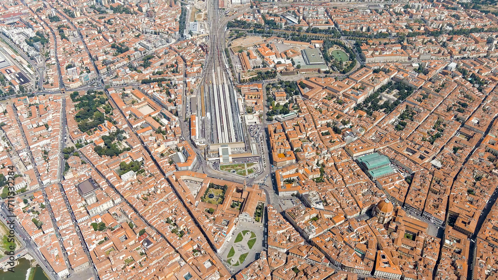 Florence, Italy. Central railway station (Stazione Ferroviaria Firenze Santa Maria Novella) Panoramic view of the city. Summer, Aerial View