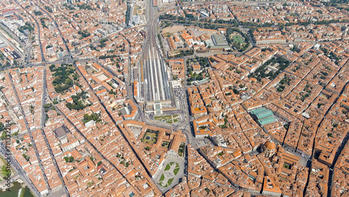 Florence, Italy. Central railway station (Stazione Ferroviaria Firenze Santa Maria Novella) Panoramic view of the city. Summer, Aerial View © nikitamaykov