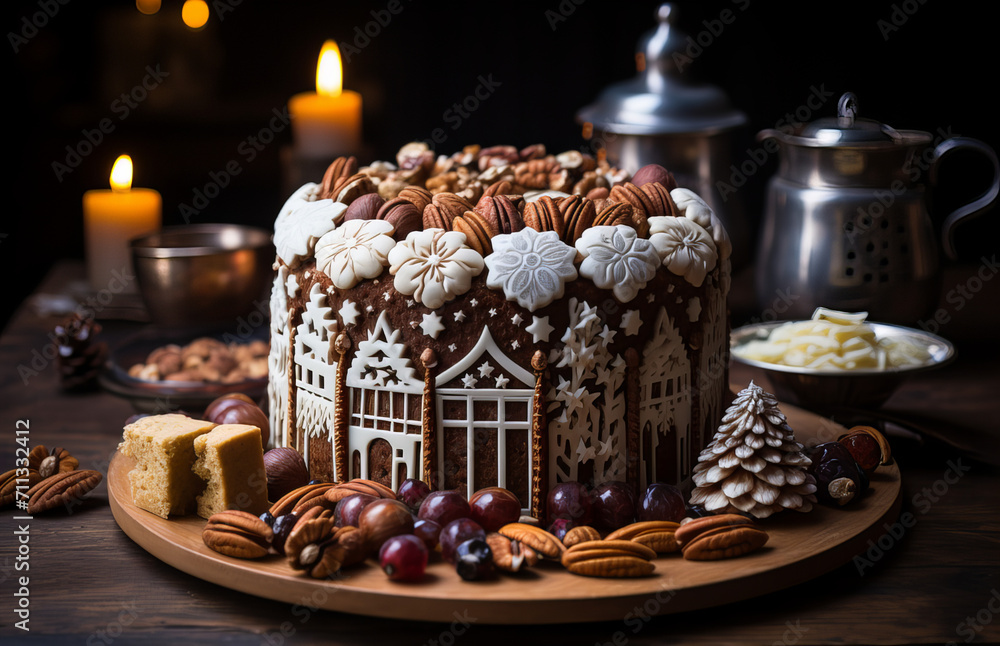 Artisanal Gingerbread House with Festive Decor, richly detailed gingerbread house adorned with nuts and candies, set in a warm, festive atmosphere with candles and holiday spices