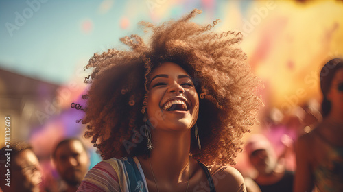 Joyful Woman at Colorful Festival, radiant woman with afro-textured hair, smiling broadly, immersed in the vibrant atmosphere of a festival