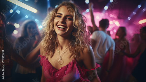 Beautiful young blond woman dancing with her friend in a party celebrating Valentine day, 8 March, Birthday, International Women day, many people crowd concept