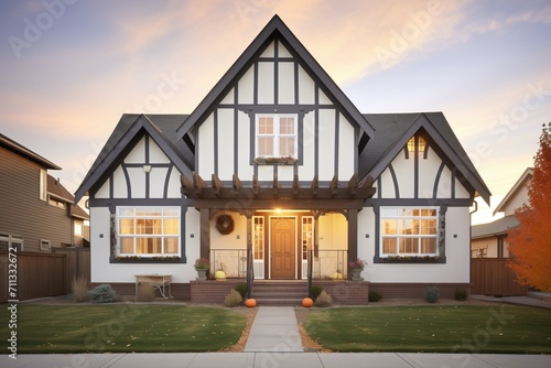 tudor home with front gable at golden hour
