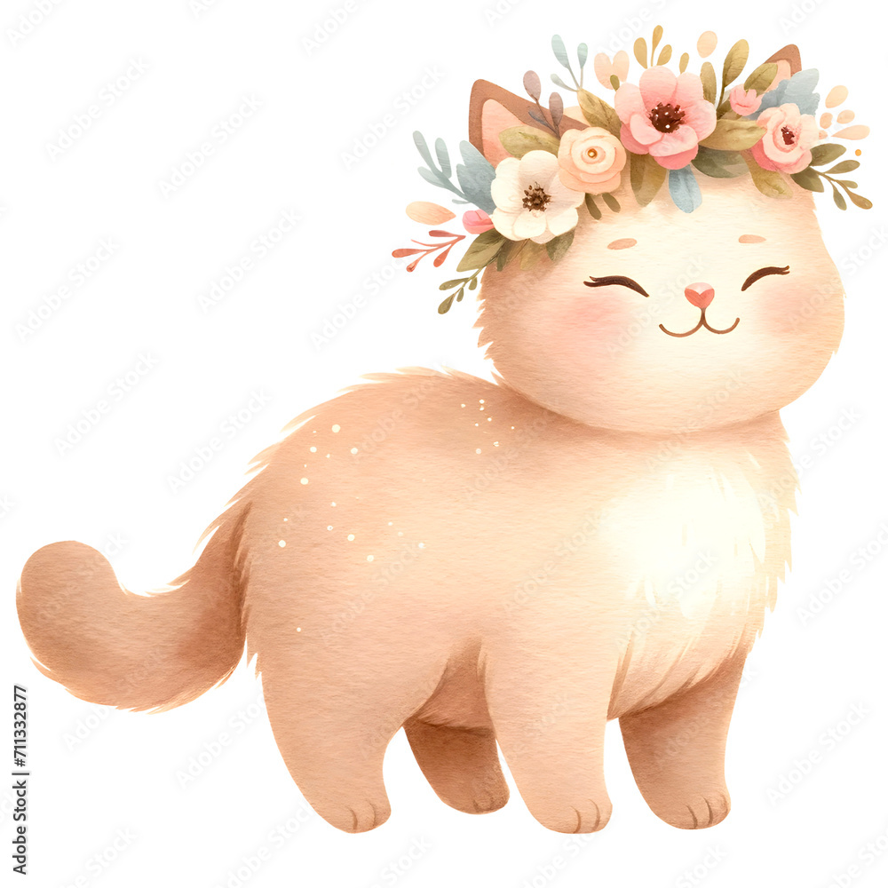 Cute cat watercolor nursery clipart with transparent background