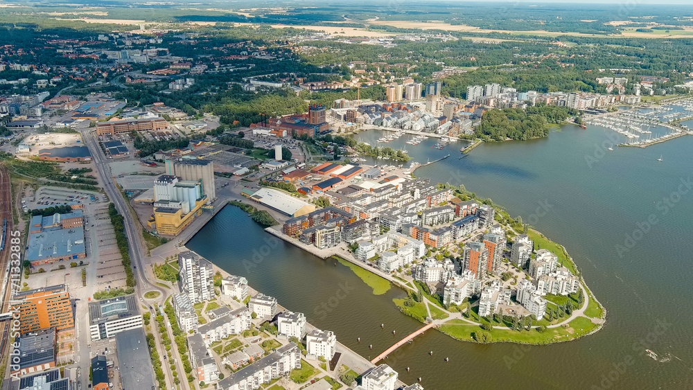 Vasteras, Sweden. Panorama of the city. Lake Malaren. Summer day, Aerial View