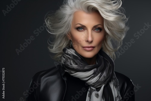 Portrait of a beautiful blonde woman in a black leather jacket and scarf.