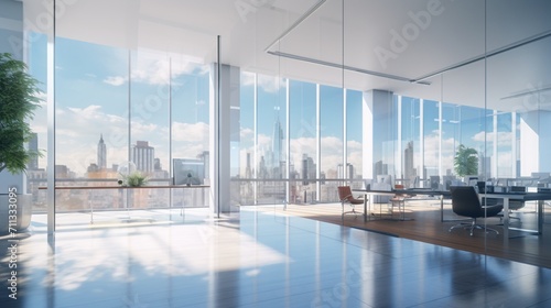 A blurred, spacious view inside a light-filled office corridor, with expansive windows offering panoramic views and a natural sense of perspective. modern office building © SardarMuhammad