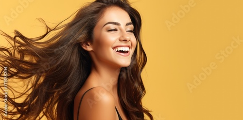 Illustration of happy smile beautiful girl isolated on yellow background. Vibrant banner.