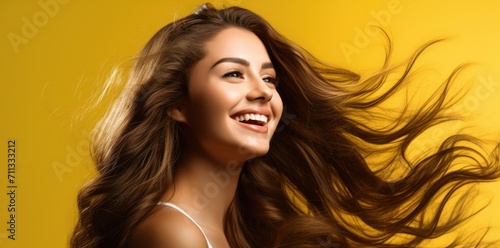 Illustration of happy smile beautiful girl isolated on yellow background. Vibrant banner.