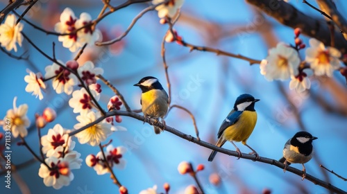 Tit birds sitting on blooming branch of apple tree © AnaV