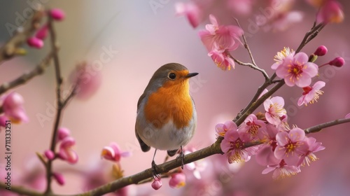 Robin garden bird on the cherry branch in full blossom © AnaV