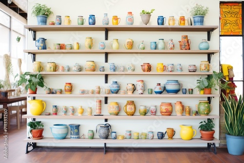 Wallpaper Mural shelves lined with colorful vases and plant pots Torontodigital.ca