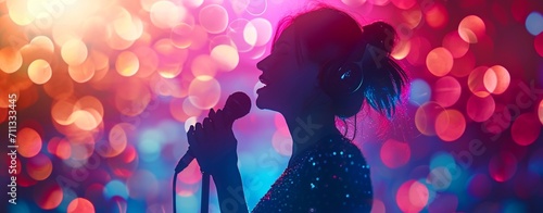 Silhouette of girl singing on stage very beautiful bokeh background as concept of entertaining challenge singing contest  photo