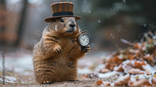 Groundhog wearing stylish top hat holding a watch ready to predict spring photo