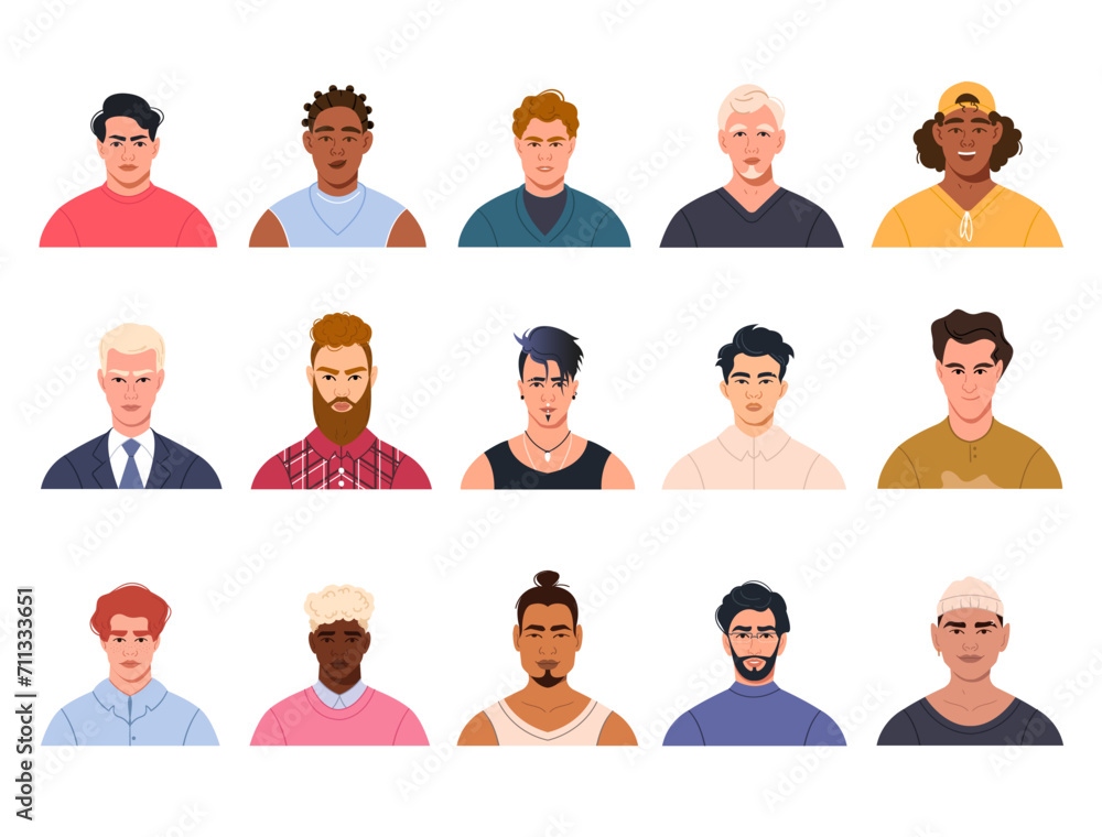 A collection of faces of modern stylish men of different nationalities. A set of avatars, portraits of male characters of different appearance. Bright vector illustration in a flat style A collection of faces of modern stylish men of different nationalities. A set of avatars, portraits of male characters of different appearance. Bright vector illustration in a flat style