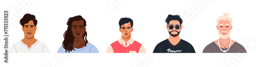 A set of avatars, portraits, and faces of modern stylish men of different nationalities. Portraits of young people of different appearance for a social media profile. Bright vector illustration in a f