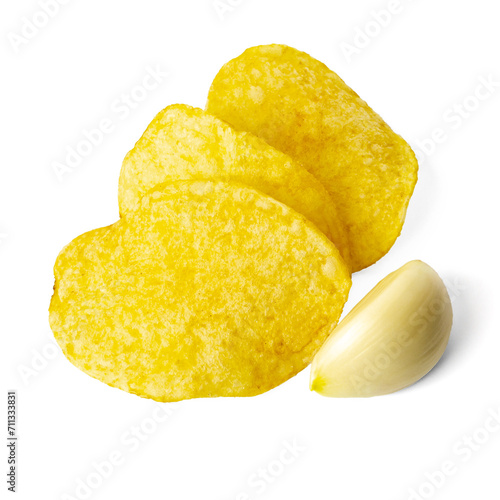 Foto Chips with garlic flavor isolated on white background