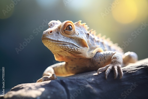 lizard basking on a sunlit stone photo