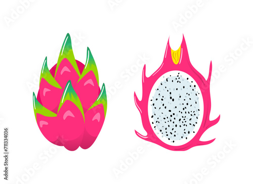 Pitahaya. Dragon fruit. Healthy food, vegans. Veganuary. Cactus. Vector illustration in flat style. For menu, cafe, stickers posters design
