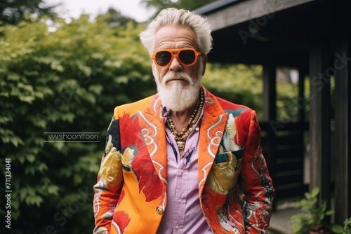 Portrait of a stylish senior man wearing sunglasses and a colorful jacket.