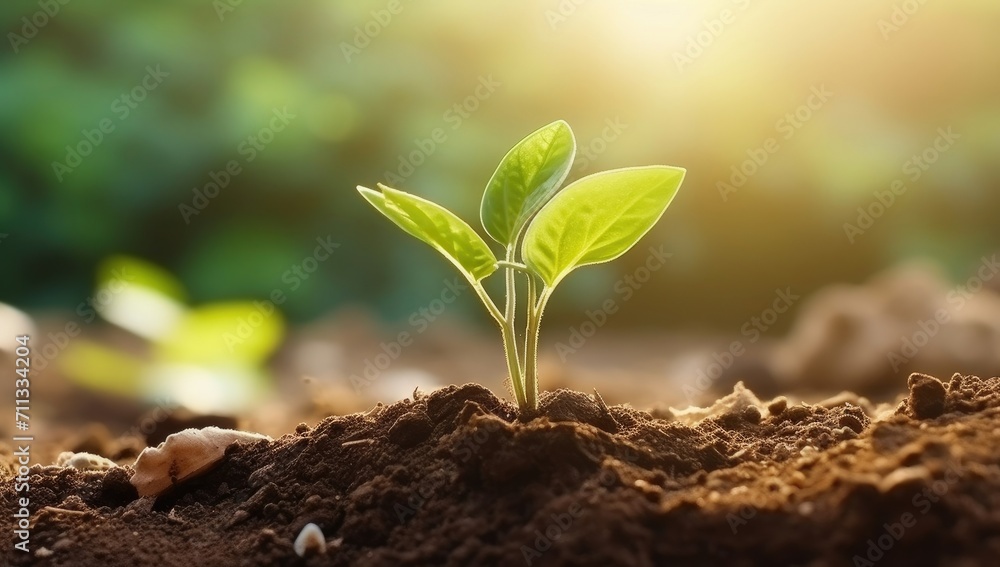 Fototapeta premium Young green plant grow in the land with sun light bokeh background. Fresh nature background concept.