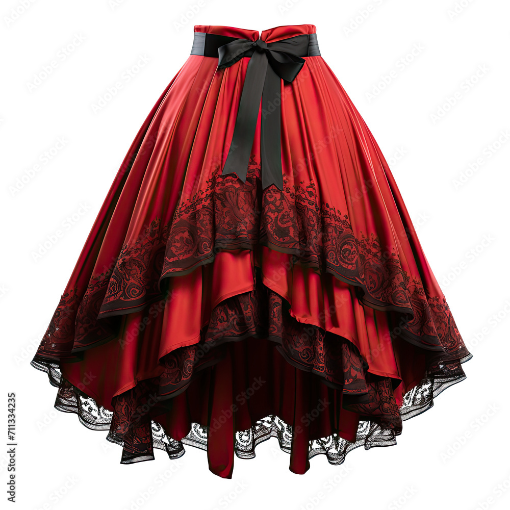 red old vintage skirt, old fashion , isolated on a transparent background. PNG cutout or clipping path.	