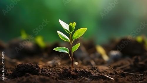 Young green plant grow in the land with sun light bokeh background. Fresh nature background concept.