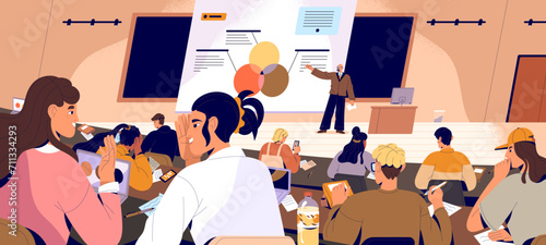 Teacher explains course to audience. Professor presenting lecture to people in auditorium. Students study, writing notes, chatting in university classroom. Public performance. Flat vector illustration