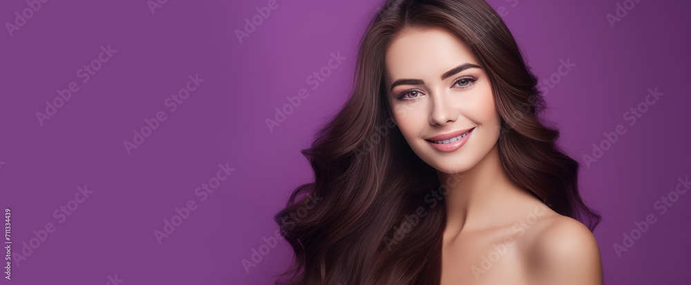 Naklejka premium Portrait of a beautiful, sexy happy smiling woman with perfect skin and long hair, on a purple background, banner.