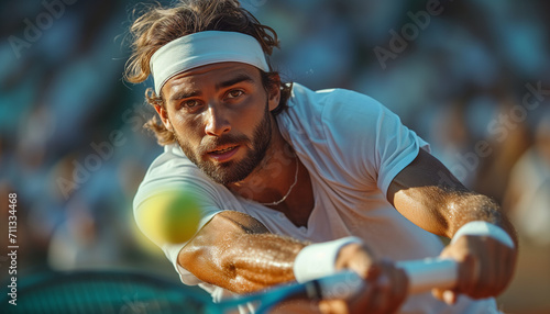 Large tennis. Portrait ot Male player with tenis racket in action running to the ball.