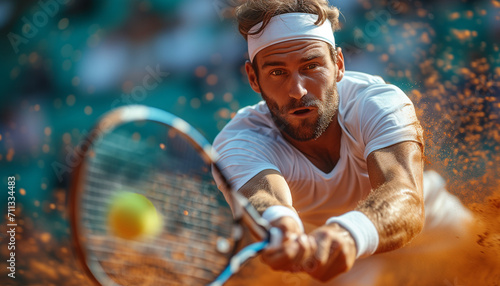 Large tennis. Portrait ot Male player with tenis racket in action running to the ball. photo