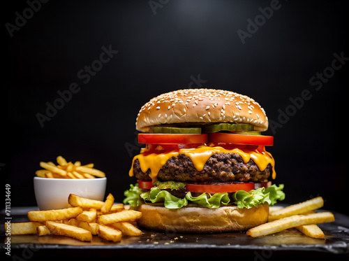 heeseburger hamburger and fries menu meal combo drink isolated on a dark background photo