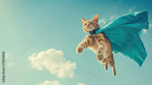 A valiant ginger cat takes flight against a sky blue backdrop, cape fluttering heroically photo