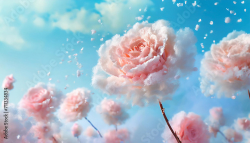 Beautiful fluffy flowers in bright pastel bold colors with feathers and pompons in dreamy landscape