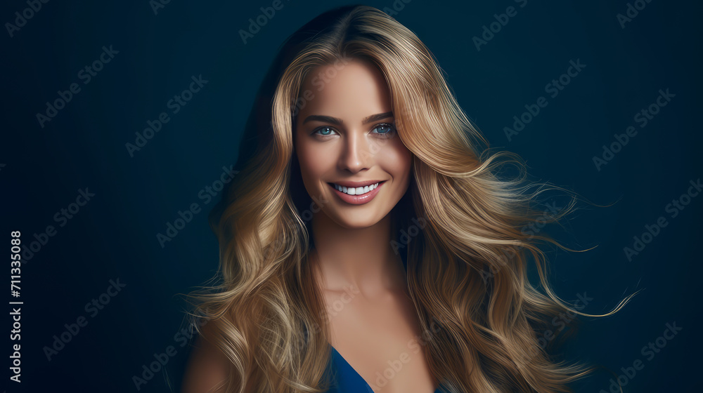 Portrait of a beautiful, sexy Caucasian woman with perfect skin and white long hair, on a dark blue background. Portrait of a beautiful, sexy Caucasian woman with perfect skin and white long hair, on a dark blue background.