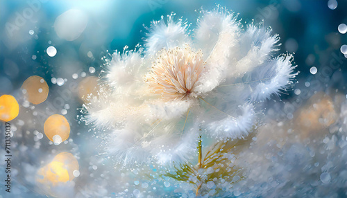 Beautiful fluffy flowers in bright pastel bold colors with feathers and pompons in dreamy landscape photo