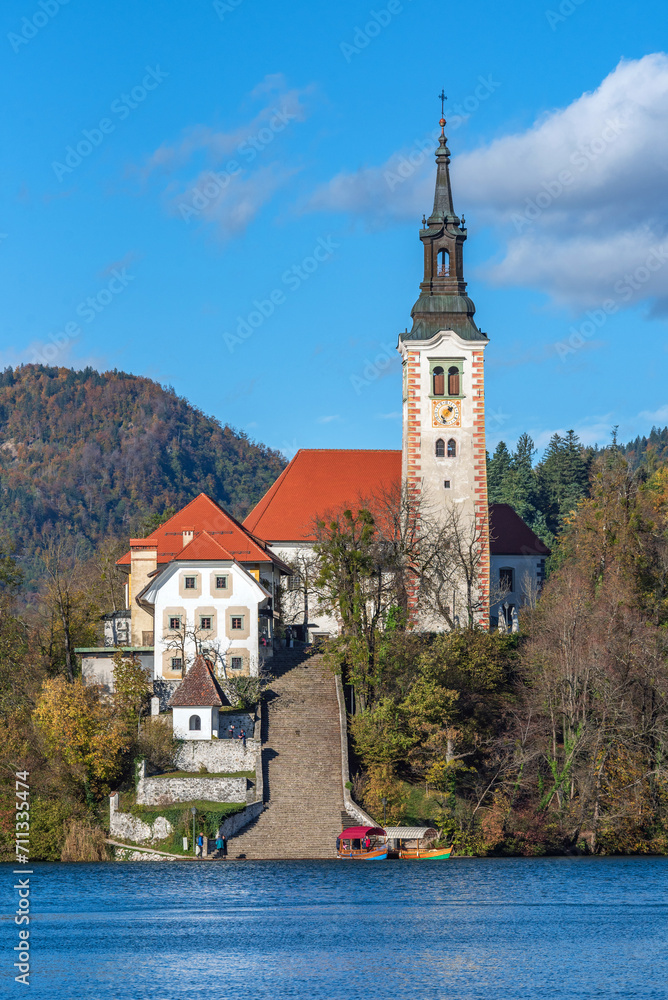 Picturesque view of church on an island at Lake Bled, Slovenia