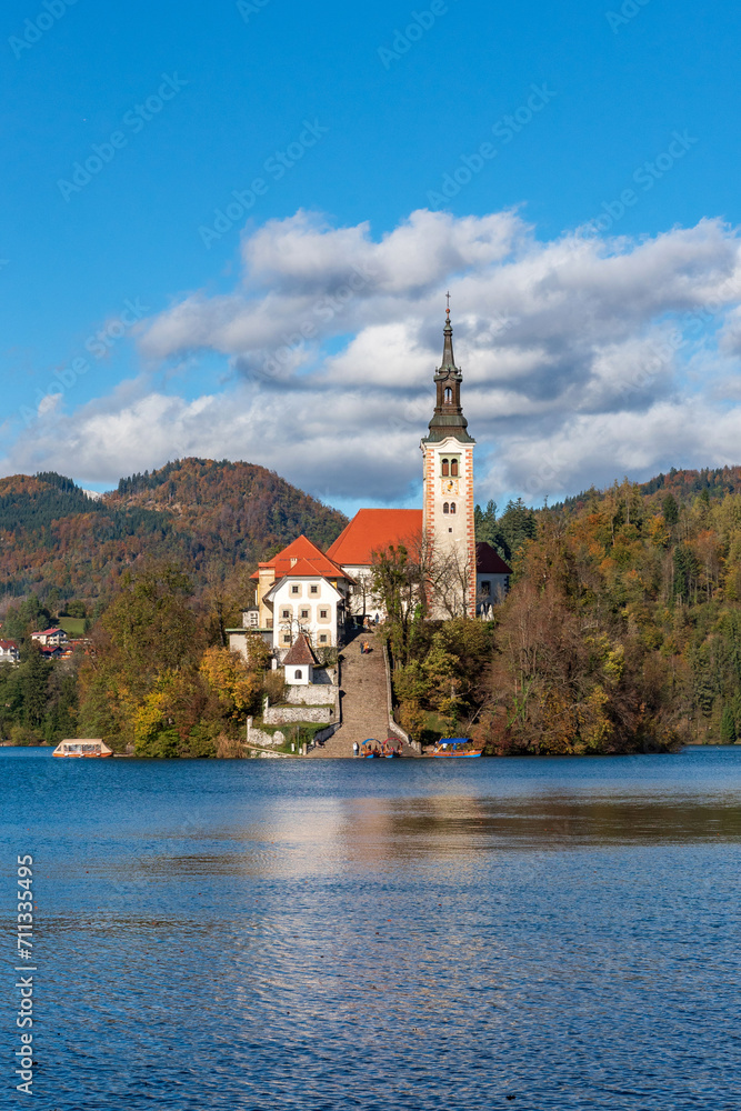 Picturesque view of church on an island at Lake Bled, Slovenia
