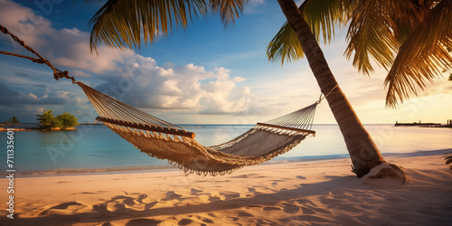 A tree swing chair on a palm tree with the turquoise beach on the back ground   © Александр Марченко