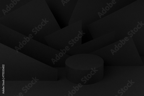 Abstract stage mockup with one black round podium with angles, lines, corners pattern for presentation cosmetic products, goods, advertising, design, black background. Abstract scene in fashion style.