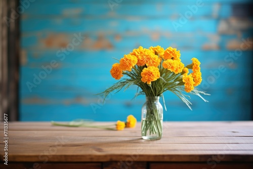 marigold bouquet on rustic wood table photo