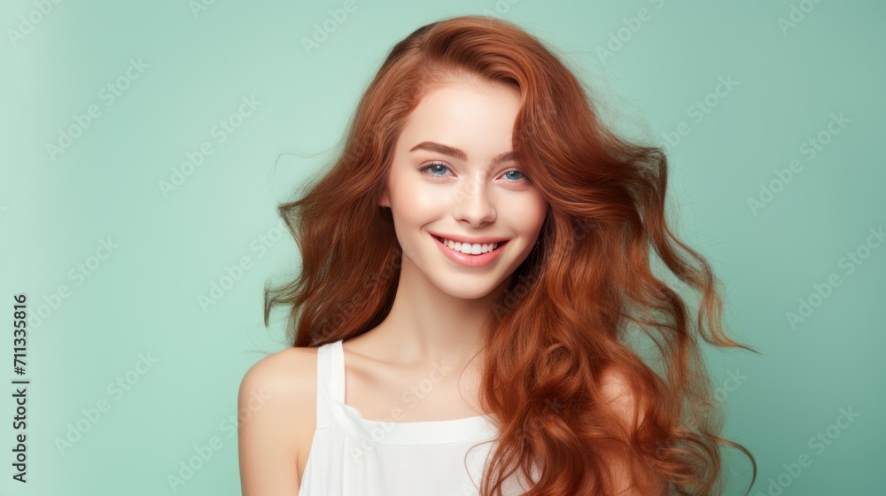 Portrait of a beautiful, sexy happy smiling woman with perfect skin and long hair, on a light green background, banner.