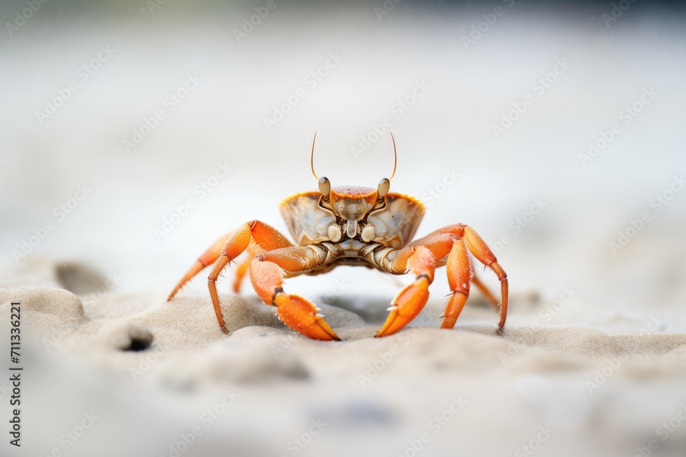 closeup of a crab scuttling across the sand